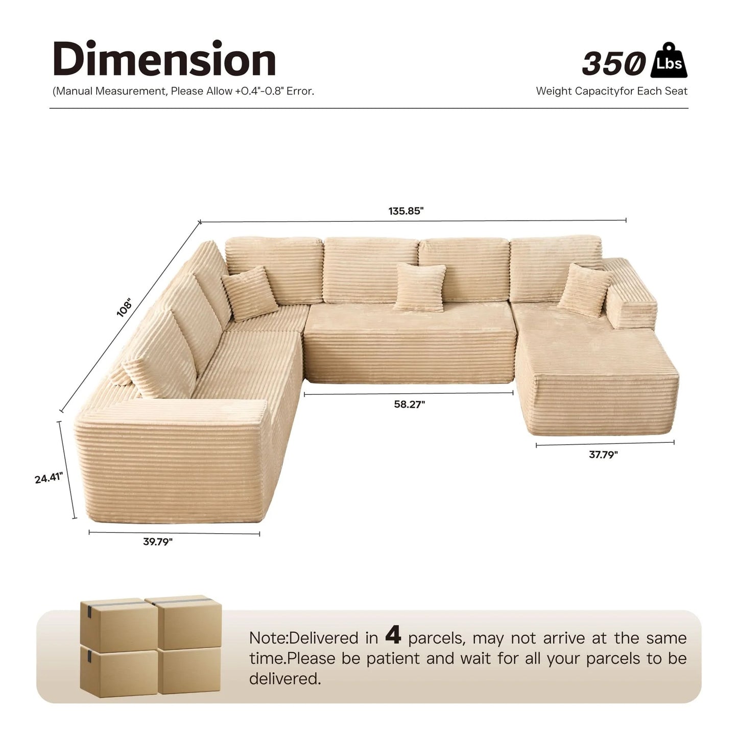 Modular Sectional Cloud Couch, Plush Corduroy Sofa with Memory Foam, No Assembly