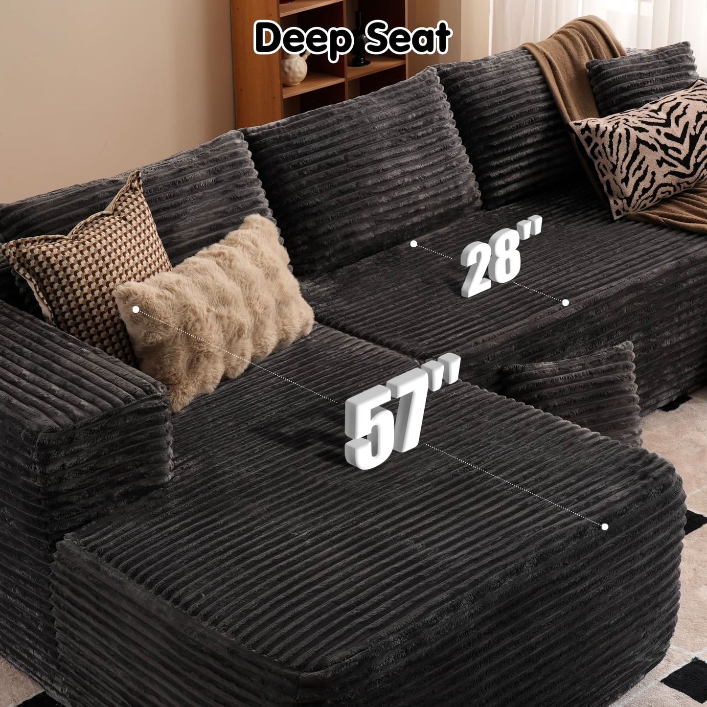 104" L-Shape Modular Couch with Chaise, Plush Corduroy Fabric, No Assembly Required