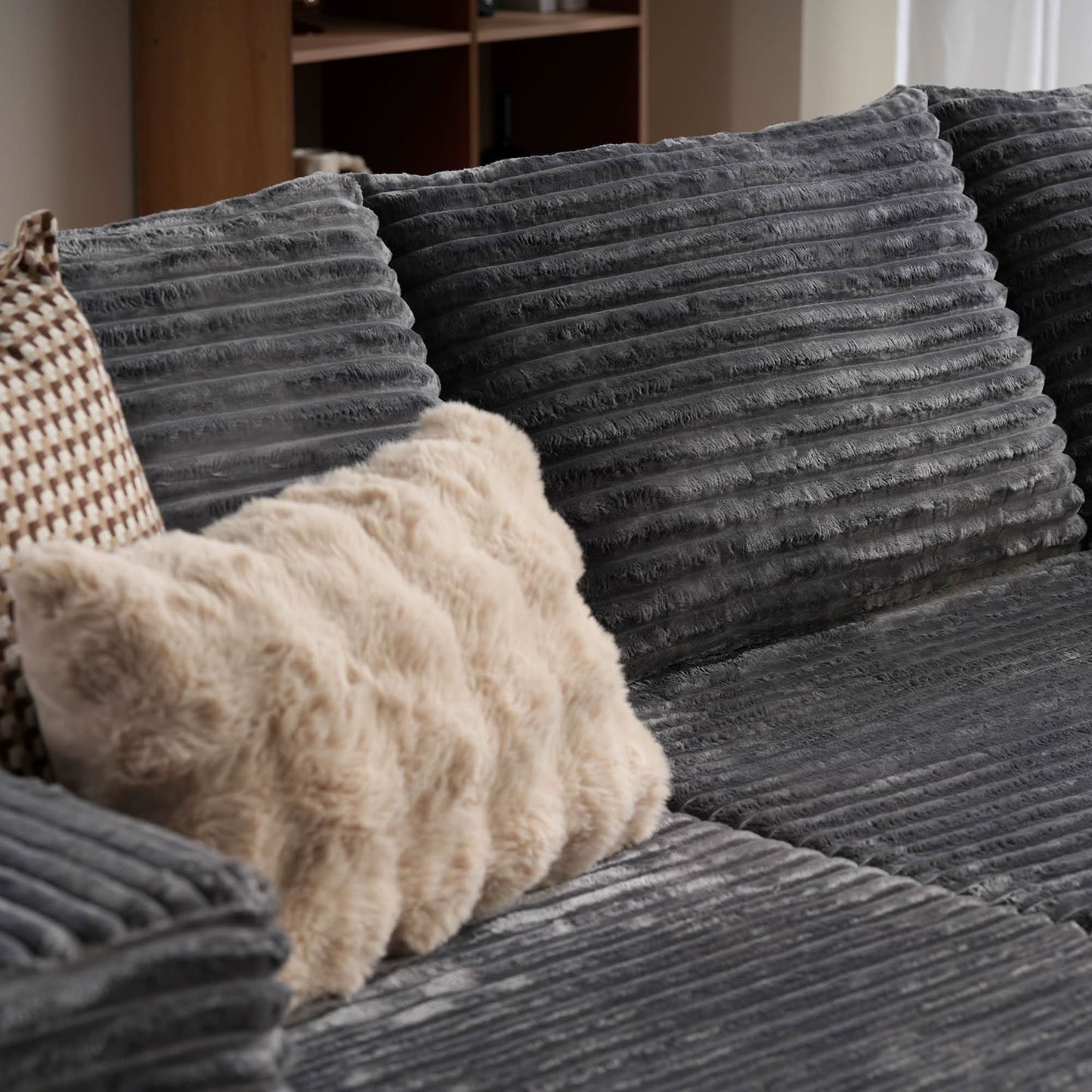 104" L-Shape Modular Couch with Chaise, Plush Corduroy Fabric, No Assembly Required