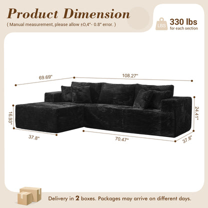 104" L-Shape Modular Couch with Chaise, Plush Corduroy Fabric, No Assembly Required