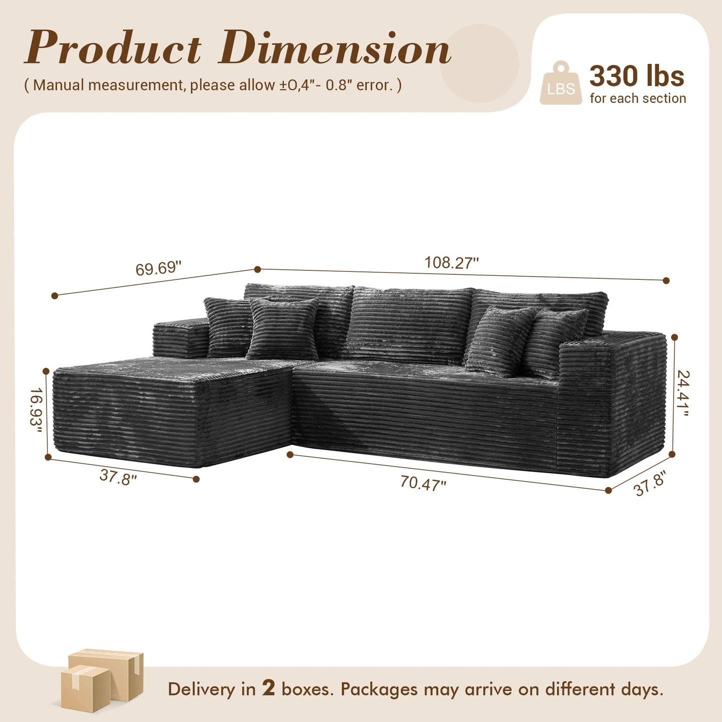 104" L-Shape Modular Couch with Chaise, Plush Corduroy Fabric, No Assembly Required