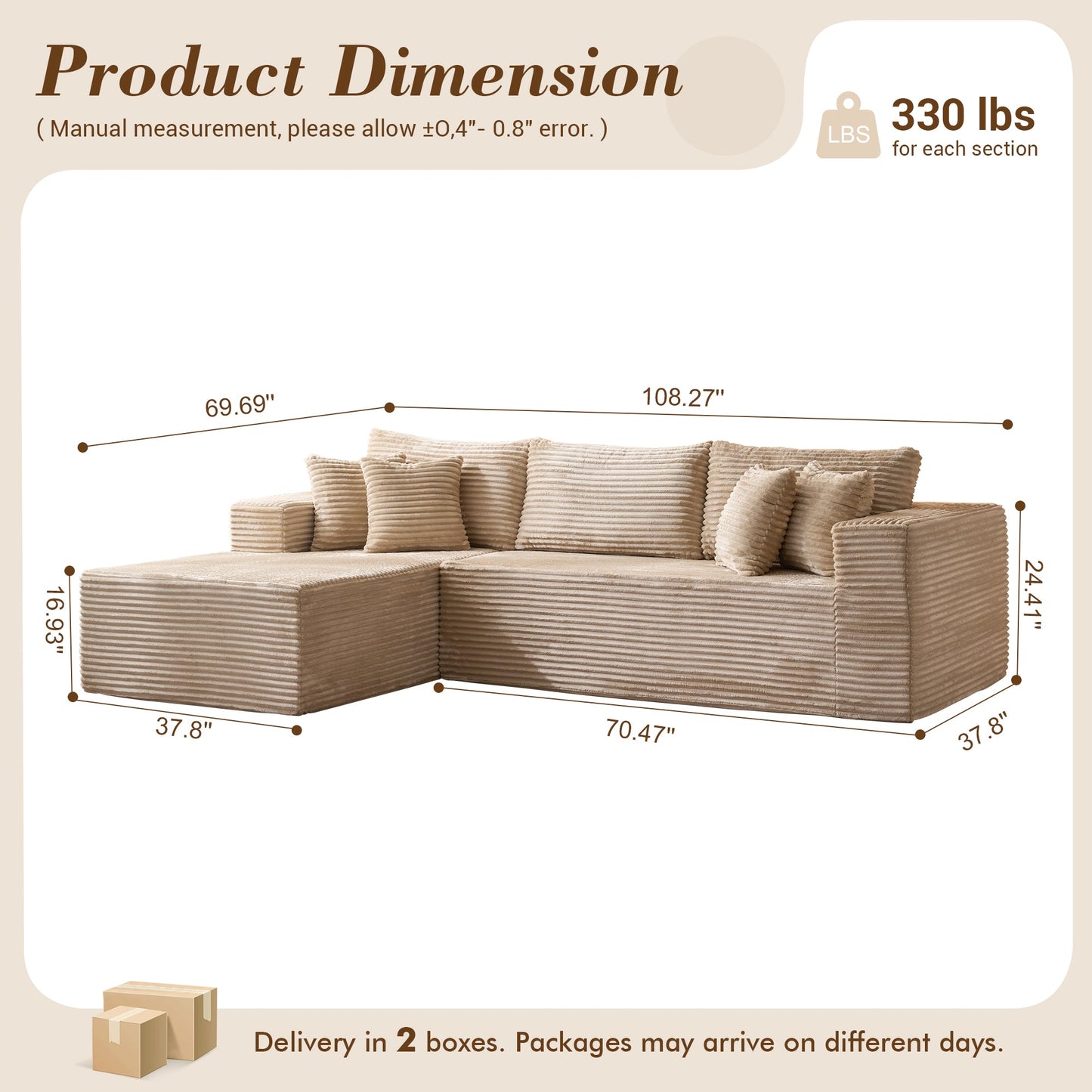 104" L-Shape Modular Couch with Chaise, Plush Corduroy Fabric, No Assembly Required