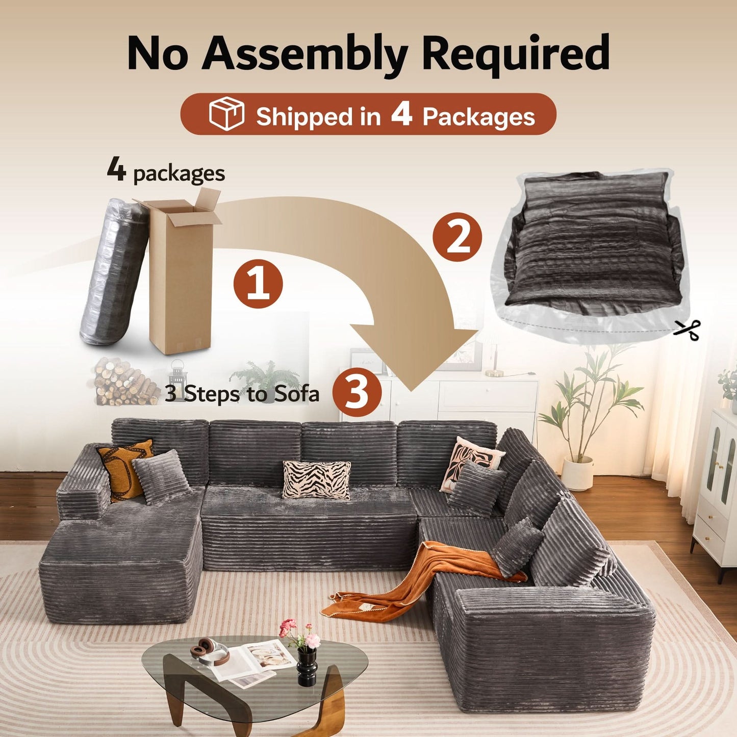 Modular Sectional Cloud Couch, Plush Corduroy Sofa with Memory Foam, No Assembly