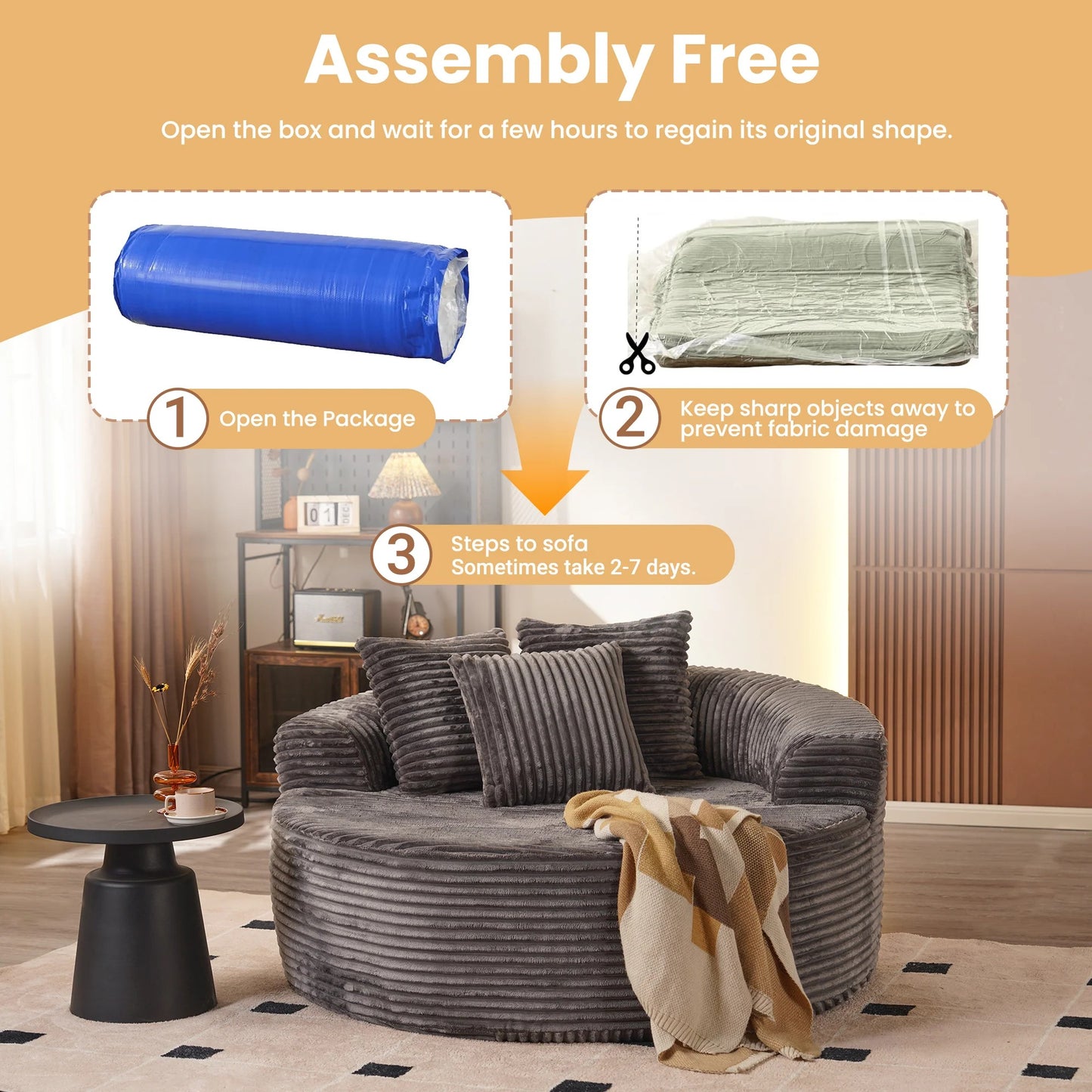 59" O-Shape Modular Couch, Plush Corduroy Fabric, No Assembly Required