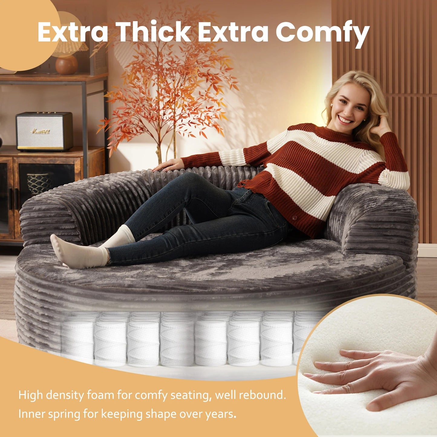 59" O-Shape Modular Couch, Plush Corduroy Fabric, No Assembly Required