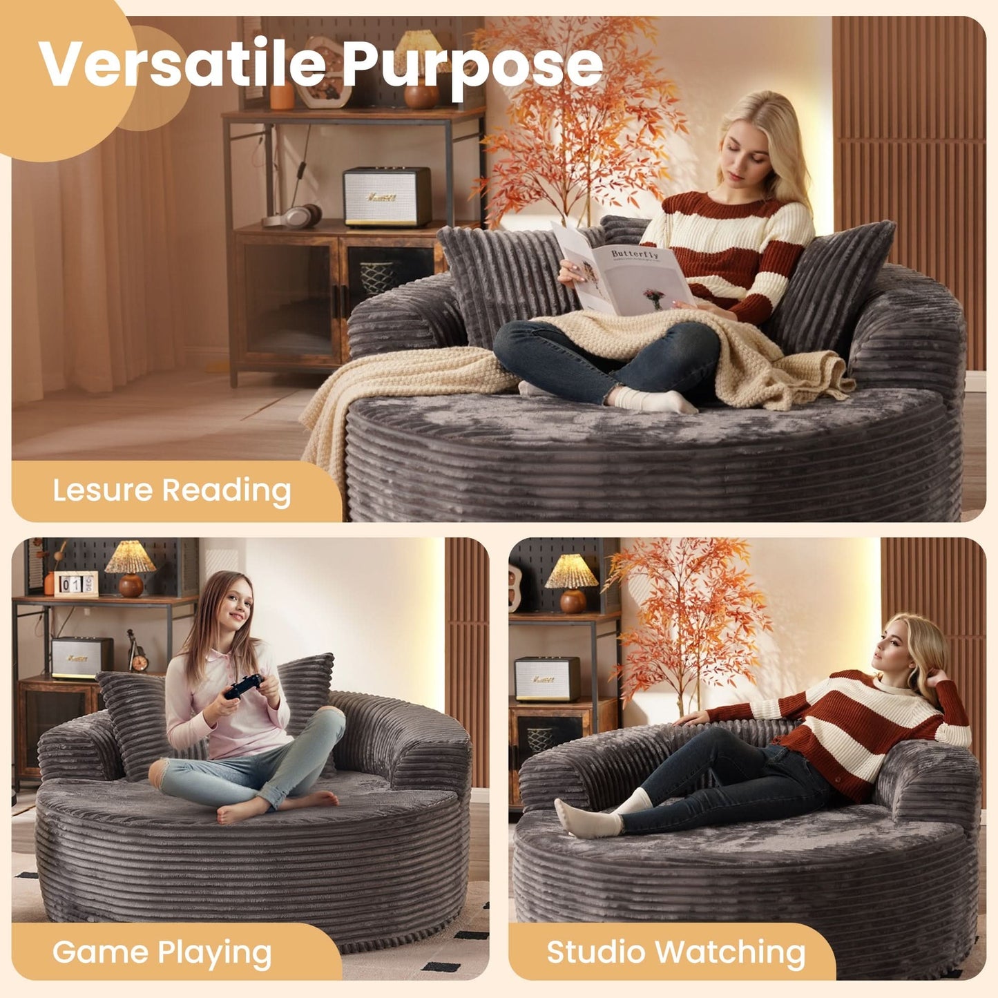 59" O-Shape Modular Couch, Plush Corduroy Fabric, No Assembly Required