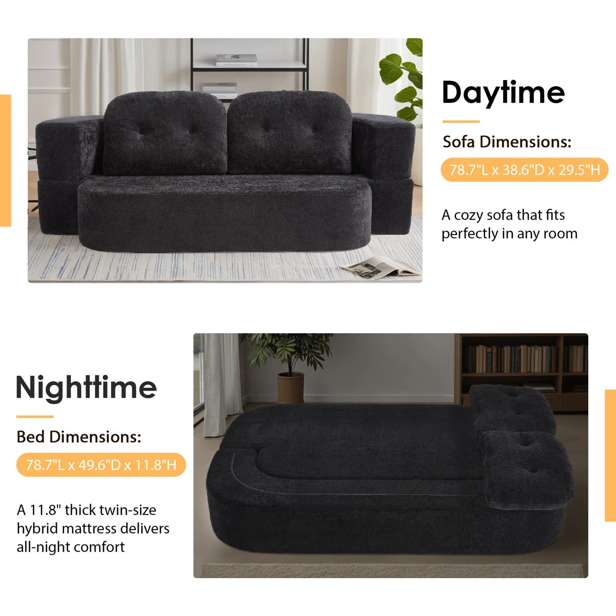 78" Convertible Folding Sofa Bed, Twin Sleeper Sofa with Pillow, Modern Chenille Fabric Floor & Futon Loveseat Couch, No assembly required