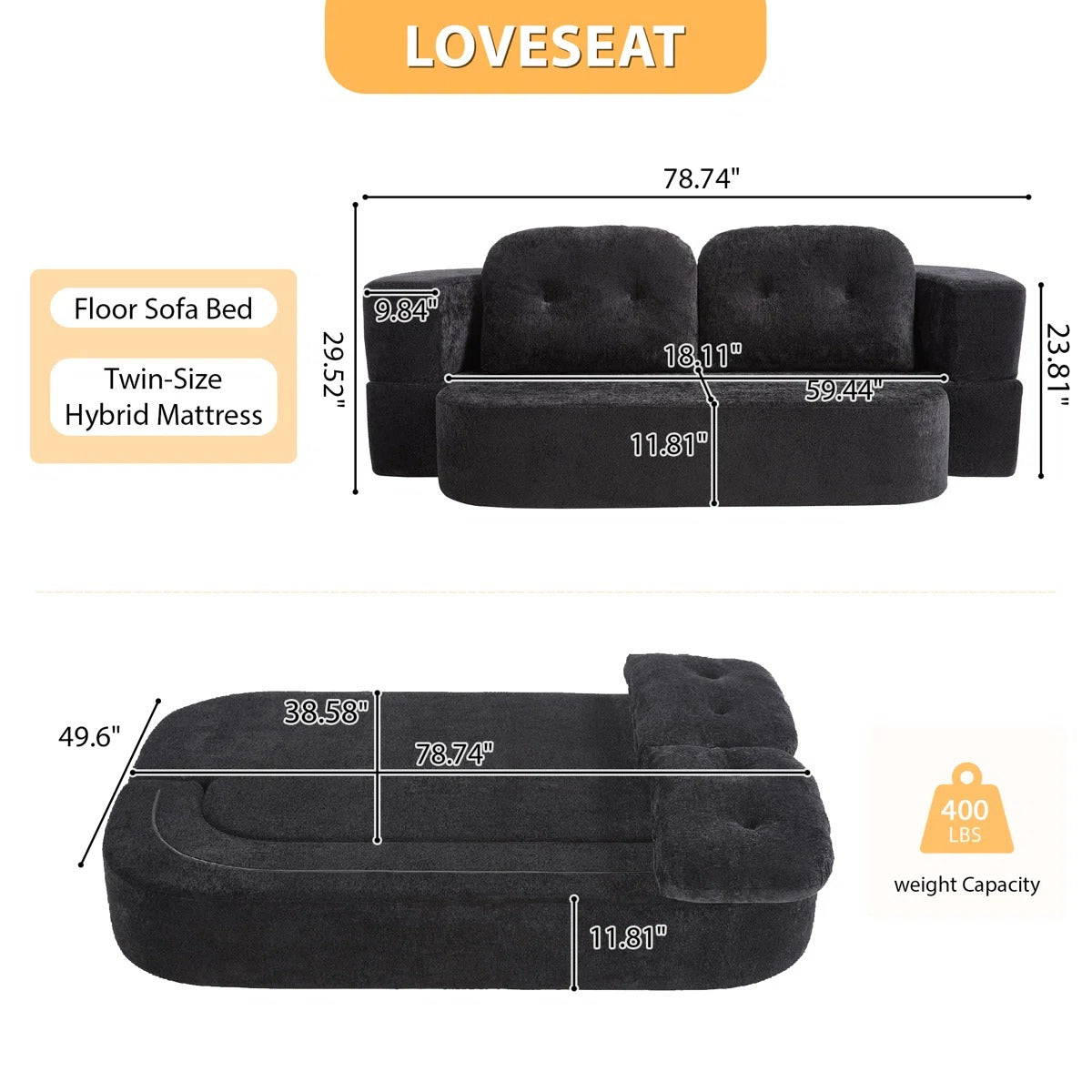 78" Convertible Folding Sofa Bed, Twin Sleeper Sofa with Pillow, Modern Chenille Fabric Floor & Futon Loveseat Couch, No assembly required