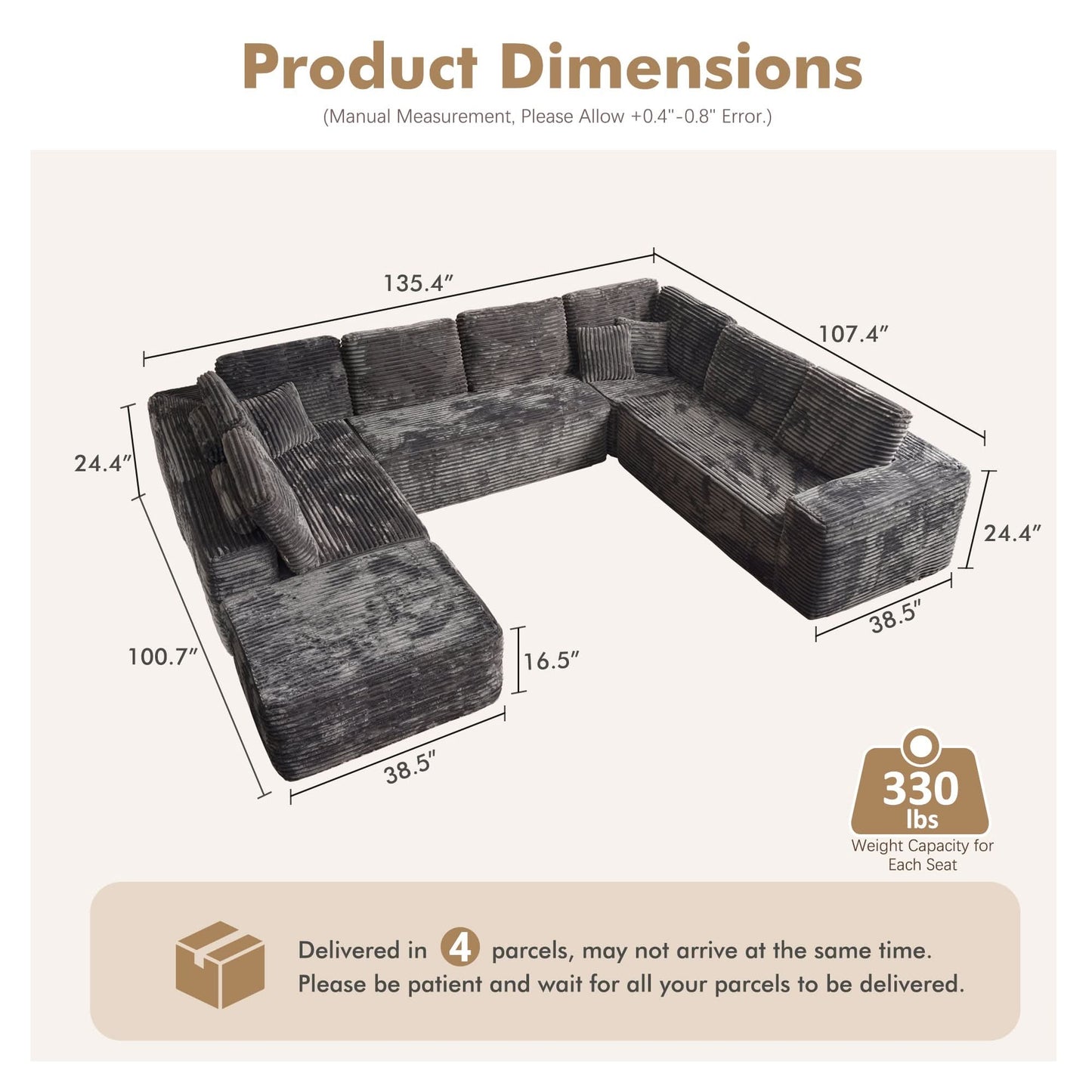 Modular Sectional Cloud Couch, Plush Corduroy Sofa with Memory Foam, No Assembly