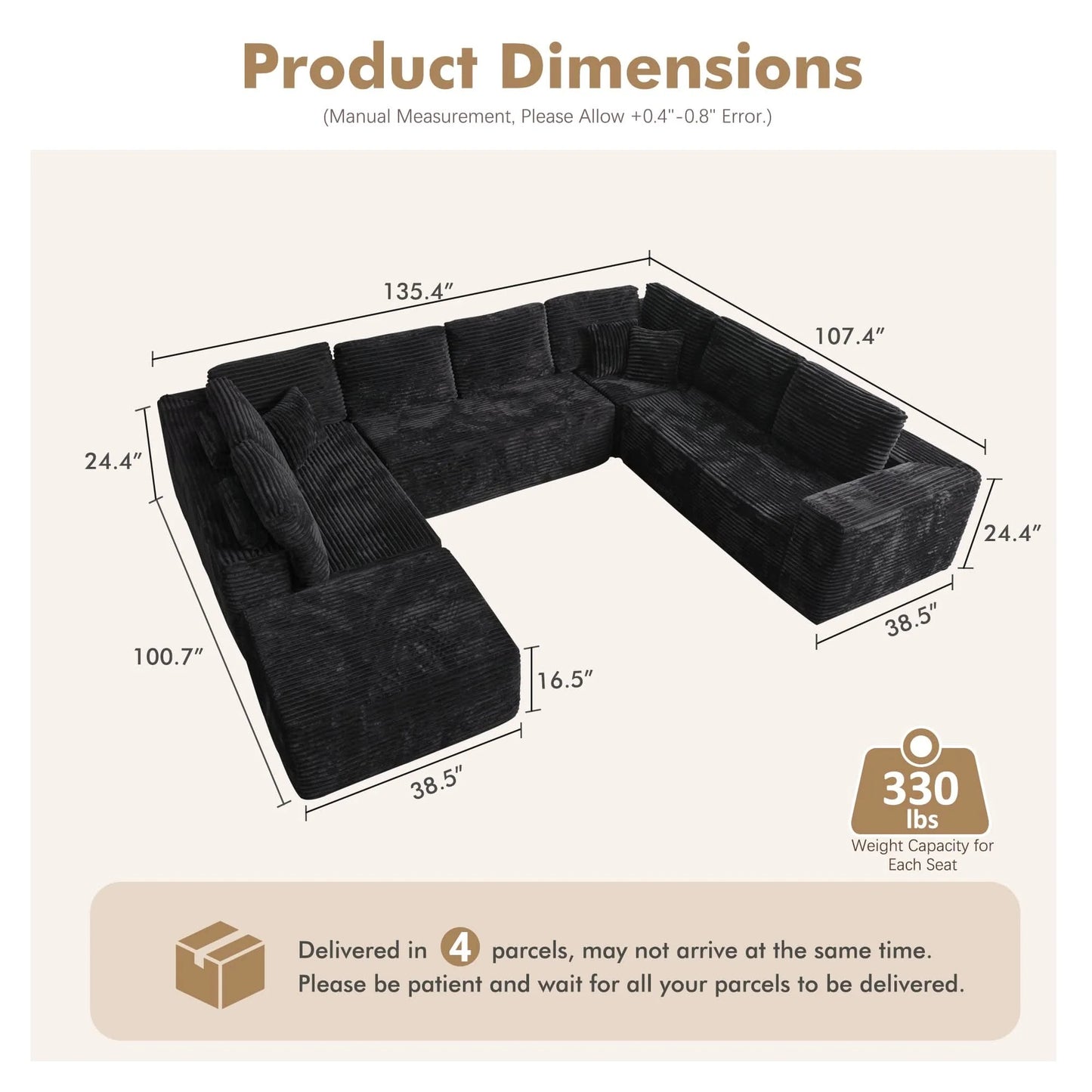 Modular Sectional Cloud Couch, Plush Corduroy Sofa with Memory Foam, No Assembly