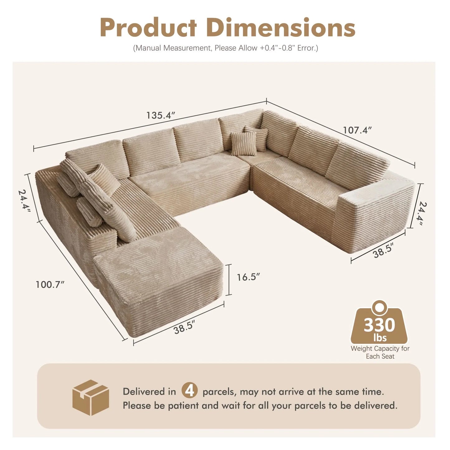 Modular Sectional Cloud Couch, Plush Corduroy Sofa with Memory Foam, No Assembly