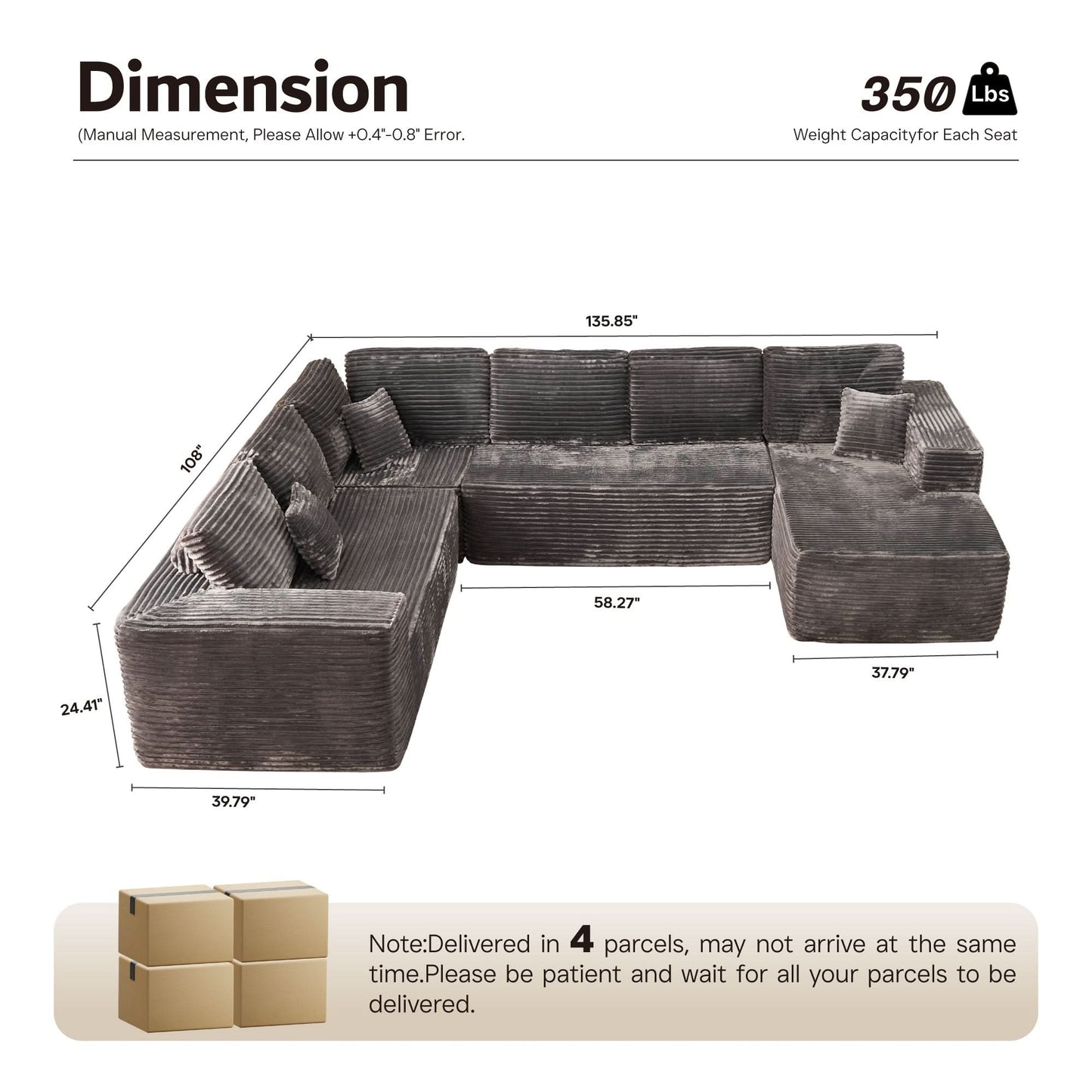 Modular Sectional Cloud Couch, Plush Corduroy Sofa with Memory Foam, No Assembly